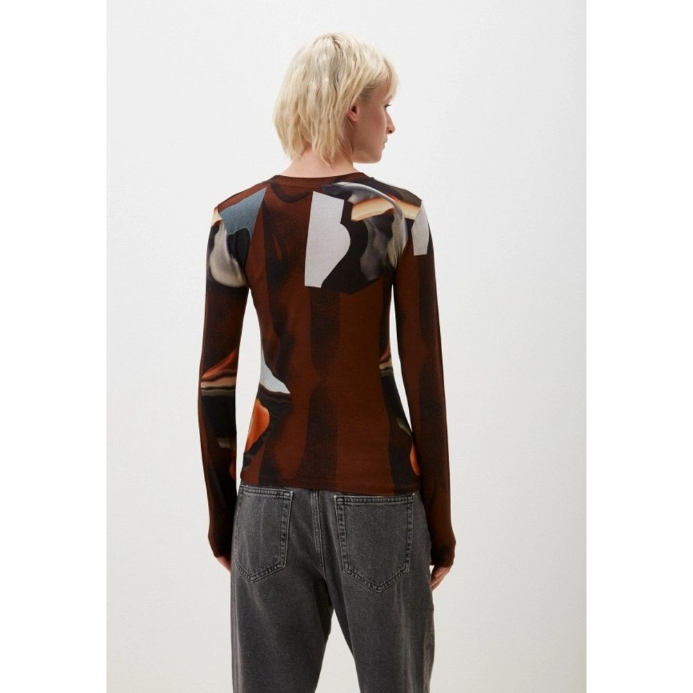 Desigual Arty T-Shirt Abstract Print FLAWS Long Sleeves Women Size XL Top Brown